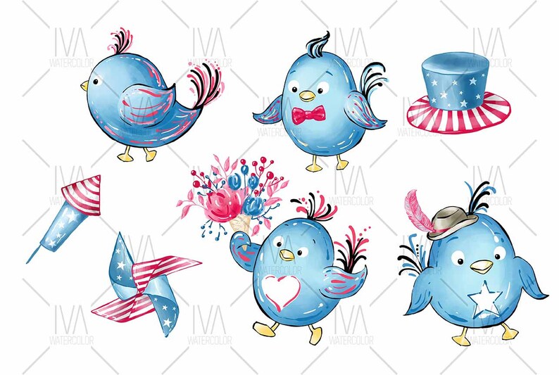 May include: A set of watercolor illustrations featuring blue birds with red, white, and blue accents. The birds are depicted in various poses, including holding a bouquet of flowers, wearing a hat, and flying. The illustrations also include a pinwheel and a firework.