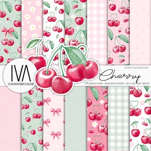 May include: Fourteen digital seamless patterns with cherry designs in pink, green, and white. The patterns include cherries with bows, hearts, and floral elements. The image includes the text "Cherry" and "IVA WATERCOLOR". Each pattern is 12x12 inches.
