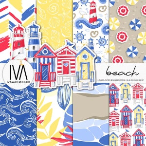 Nautical summer digital paper, beach umbrella patterns , nautical lighthouse patterns, beach seamless patterns, POD idea, beach wallpaper