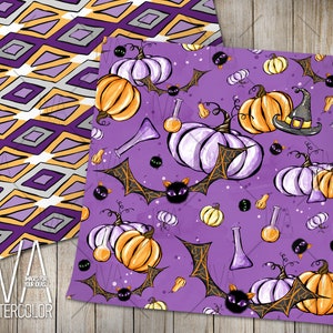 May include: Purple background with a repeating pattern of orange and purple pumpkins, bats, and potion bottles.  The pattern is perfect for Halloween crafts and projects.