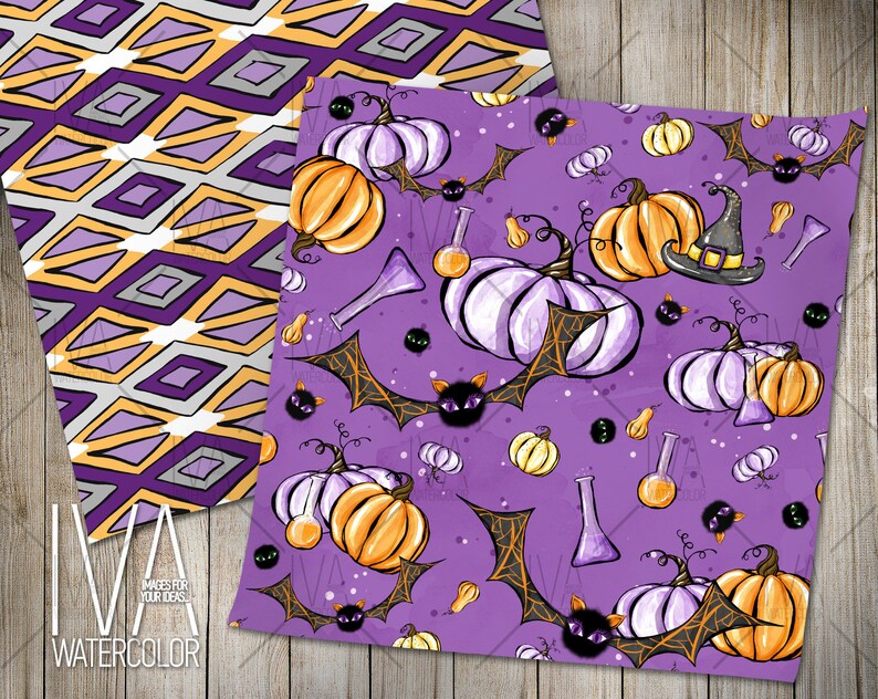 May include: Purple background with a repeating pattern of orange and purple pumpkins, bats, and potion bottles.  The pattern is perfect for Halloween crafts and projects.