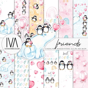 Modèle sans couture aquarelle de la Saint-Valentin, paquet de papier numérique meilleurs amis pingouins, motifs amour sans couture, pingouins drôles aquarelle, motif rose