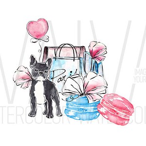 May include: Watercolor illustration of a black and white French bulldog with a pink bow, a pink heart balloon, and a blue and white gift box with the word "Paris" on it. There are also two pink macarons.
