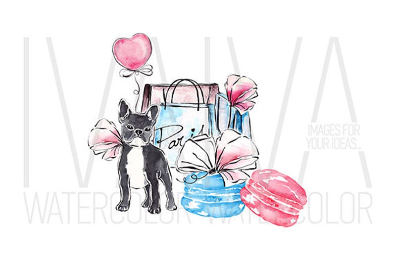 May include: Watercolor illustration of a black and white French bulldog with a pink bow, a pink heart balloon, and a blue and white gift box with the word "Paris" on it. There are also two pink macarons.