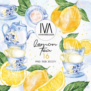 Chá de limão, Clipart de aquarela, Clipart de hora do chá, Aquarela de limão, PNG limão, Festa do chá, Motivos florais, Álbum de recortes, Feito à mão