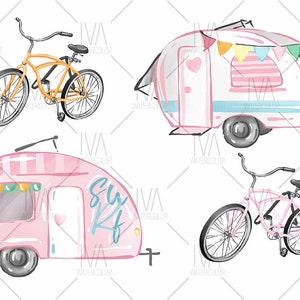 May include: A watercolor illustration of a pink and white camper with the text "Surf Kf" on the side, a yellow bicycle, a pink bicycle, and a pink and white camper with flags.