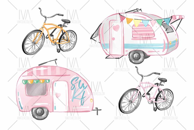 May include: A watercolor illustration of a pink and white camper with the text "Surf Kf" on the side, a yellow bicycle, a pink bicycle, and a pink and white camper with flags.