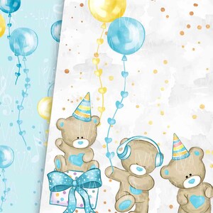 May include: Two brown teddy bears with blue accents, one wearing a party hat and the other wearing headphones, are celebrating with balloons and a cupcake. The background is a light blue and white watercolour pattern.