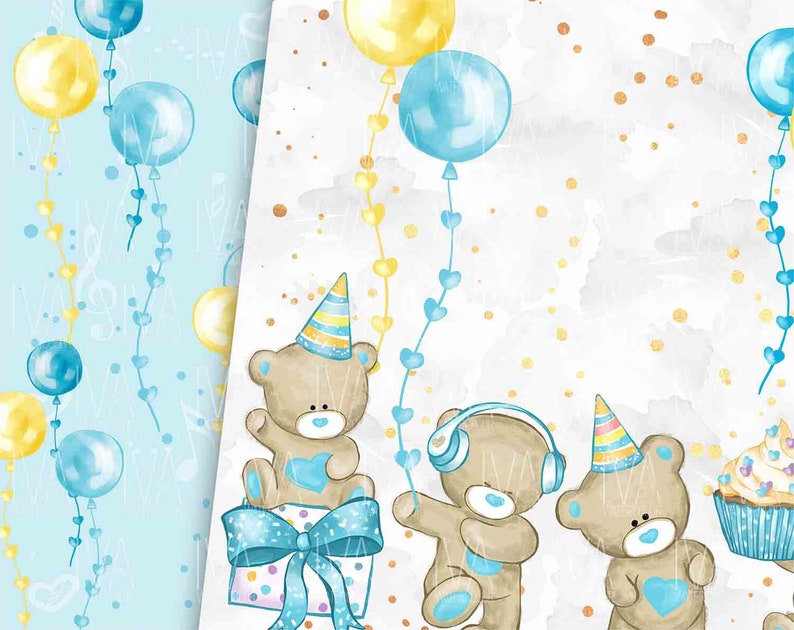 May include: Two brown teddy bears with blue accents, one wearing a party hat and the other wearing headphones, are celebrating with balloons and a cupcake. The background is a light blue and white watercolour pattern.