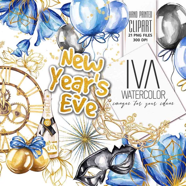 Watercolor New Year Clipart,Party Clipart, New Years Eve Clipart, Clock Balloons Fashion Girl, Unique and Hand Painted