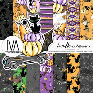 May include: A set of 14 digital paper seamless patterns featuring Halloween themes. The patterns include black cats, pumpkins, bats, and other spooky elements in various colors, including orange, purple, black, and white. The patterns are 12x12 inches and 300 DPI.