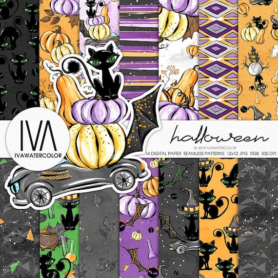 Halloween Background Digital Paper Pack, Halloween Cat Pumpkin Digital Paper, Black cat digital paper, Autumn Seamless Patterns