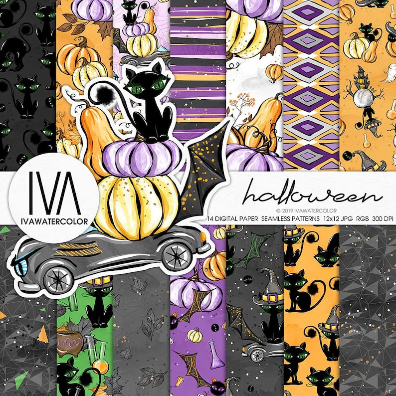 May include: A set of 14 digital paper seamless patterns featuring Halloween themes. The patterns include black cats, pumpkins, bats, and other spooky elements in various colors, including orange, purple, black, and white. The patterns are 12x12 inches and 300 DPI.