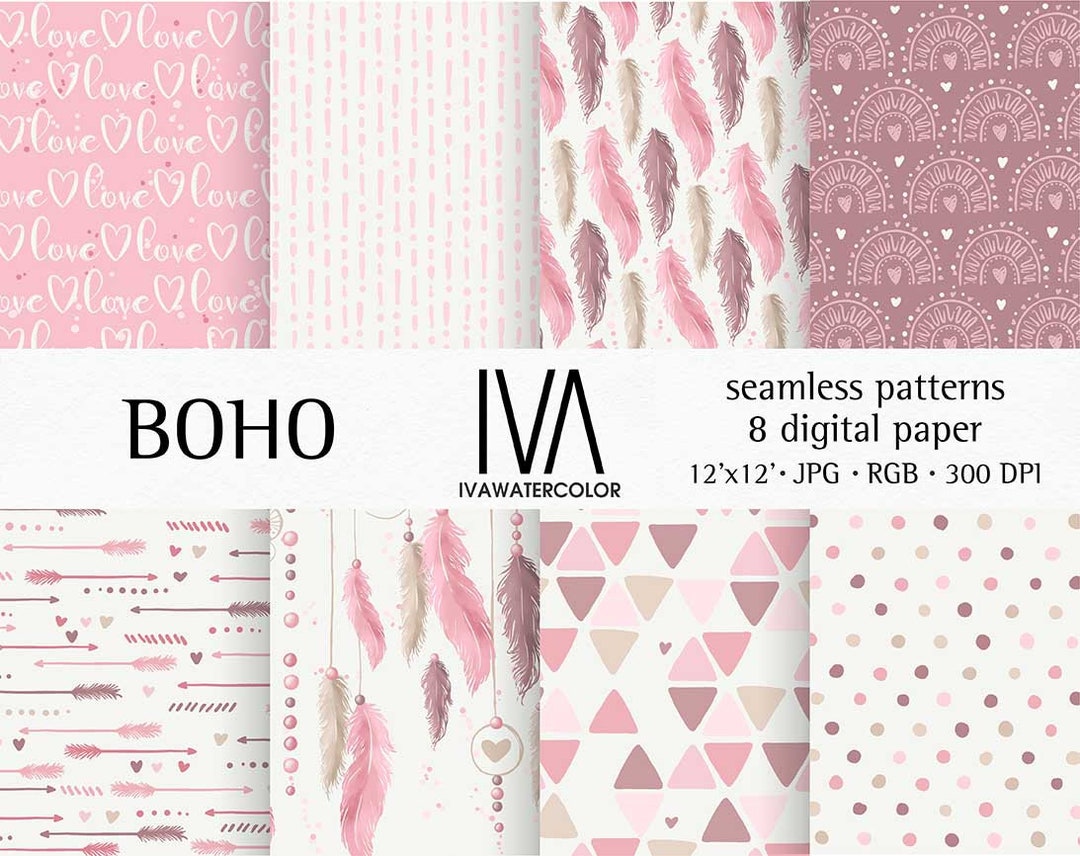 Pink Boho Digital Paper Boho Feathers Paper Valentine Boho - Etsy