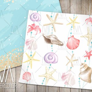 May include: A seamless pattern featuring watercolor illustrations of seashells, starfish, and a pink lily on a white background. The pattern is perfect for creating digital or printed designs for fabric, wallpaper, or wrapping paper.