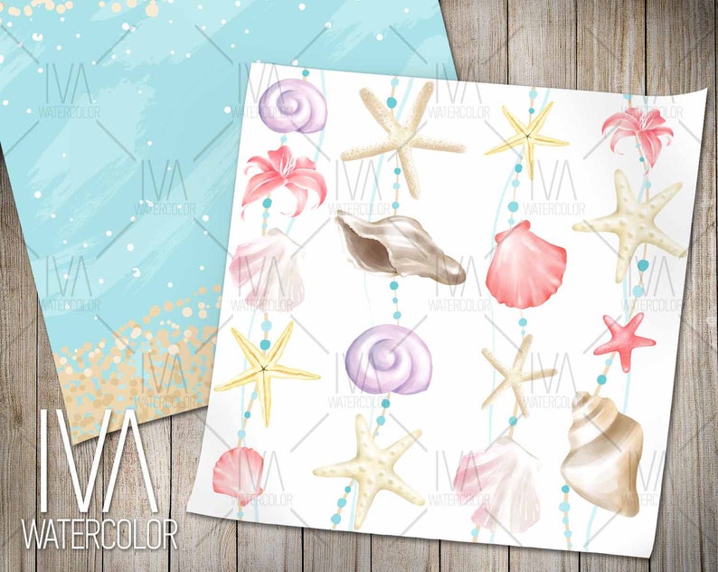 May include: A seamless pattern featuring watercolor illustrations of seashells, starfish, and a pink lily on a white background. The pattern is perfect for creating digital or printed designs for fabric, wallpaper, or wrapping paper.