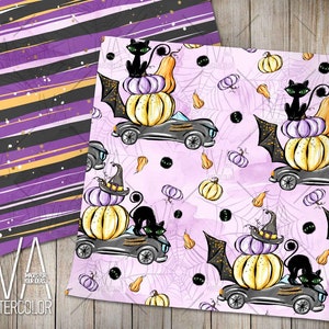 May include: A seamless pattern featuring black cats, pumpkins, and witch hats on a pink background with spiderwebs. The design is perfect for Halloween crafts and projects.