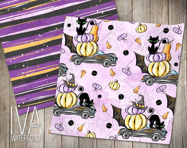 May include: A seamless pattern featuring black cats, pumpkins, and witch hats on a pink background with spiderwebs. The design is perfect for Halloween crafts and projects.