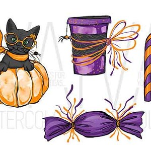 May include: Watercolor illustration of Halloween-themed objects. Includes a black cat wearing glasses and sitting on a pumpkin, a purple coffee cup, a candy cane, and a wrapped candy. The objects are decorated with orange and purple accents.