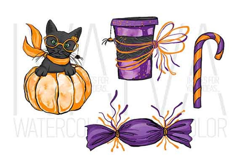 May include: Watercolor illustration of Halloween-themed objects. Includes a black cat wearing glasses and sitting on a pumpkin, a purple coffee cup, a candy cane, and a wrapped candy. The objects are decorated with orange and purple accents.