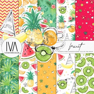 Saftige Tropische Früchte Digitales Papier - Bunte Bananen, Kiwi, Ananas Designs für kreatives Scrapbooking, perfektes Geschenk für Musterliebhaber