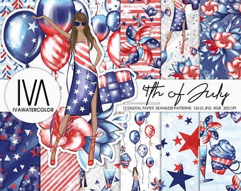 Ensemble de papier numérique patriotique pour le 4 juillet - Motifs de drapeau américain, décoration de l'agenda de la fête de l'indépendance, idéal pour les projets sur le thème des États-Unis, sans couture