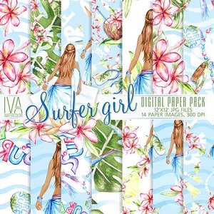 Zomerstrand digitaal papier, nautisch aquarel behang, surfer girl plakboek, zomerse achtergrond, tropische bloemen, kokoscocktail