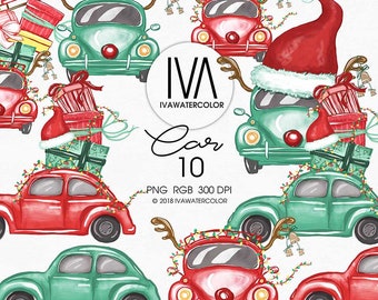 Christmas Clipart Car with Hat and Antlers - Festive Truck Illustration for Winter Scrapbooking - Instant Download Holiday Decor