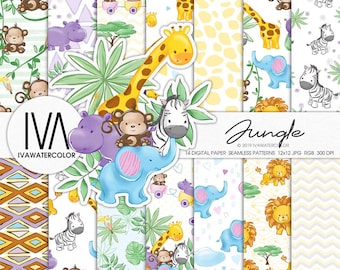 Animals Baby digital paper, Jungle animals, scrapbook, Lion Zebra Monkey Giraffe Rhino Elephant on Train digital paper,nursery decor