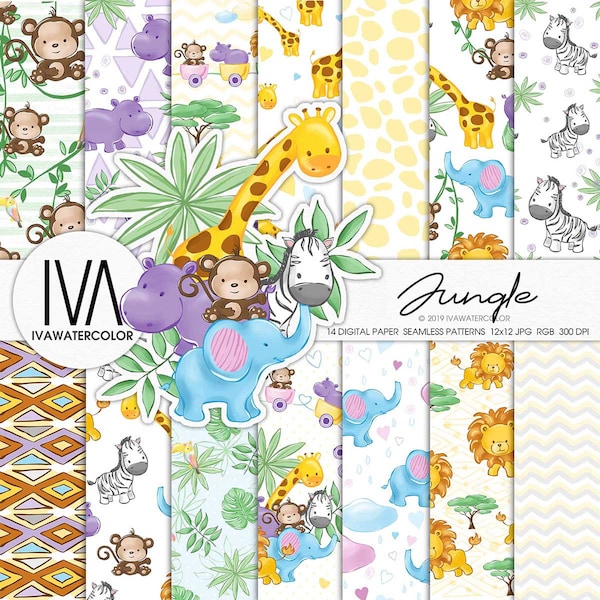 Tiere Baby, digitales Papier, Dschungeltiere, Scrapbook, Löwe, Zebra, Affe, Giraffe, Nashorn, Elefant auf Zug, digitales Papier, Kinderzimmerdeko