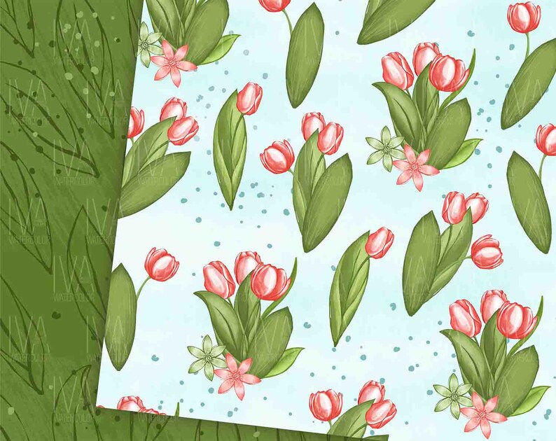 May include: A seamless pattern featuring pink tulips with green leaves on a light blue background with white dots.