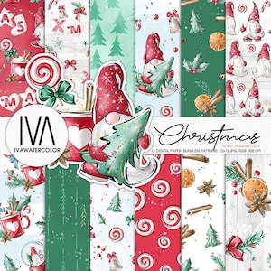 Christmas Gnome digital paper, Xmas digital paper pack Cinnamon, Gnomes Xmas pattern, Cute Christmas pattern, Gnome pattern, Hand drawn