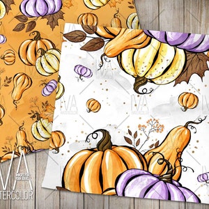 May include: A seamless pattern featuring watercolor illustrations of pumpkins and gourds in shades of orange, yellow, and purple. The background is a light yellow with a subtle watercolor texture.
