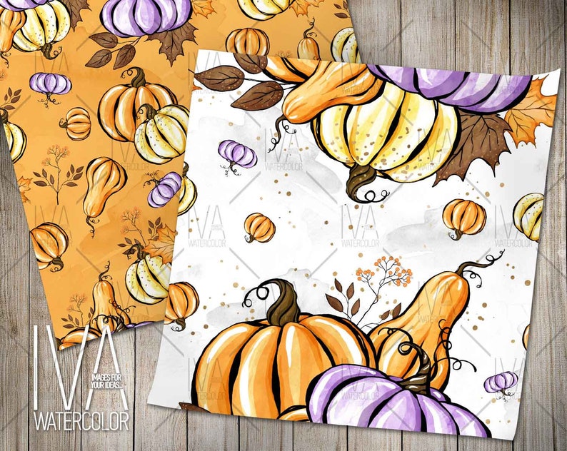 May include: A seamless pattern featuring watercolor illustrations of pumpkins and gourds in shades of orange, yellow, and purple. The background is a light yellow with a subtle watercolor texture.
