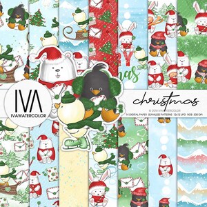 Papel digital con diseño de pingüino, oso, pato, conejo y Navidad, patrones festivos de invierno para manualidades creativas, patrones sin costuras, envoltorios y álbumes de recortes