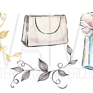 May include: A set of three watercolor illustrations featuring a gold leaf vine, a black and white leaf vine, and two gift bags. One gift bag is white with gold polka dots and the other is blue with gold accents.