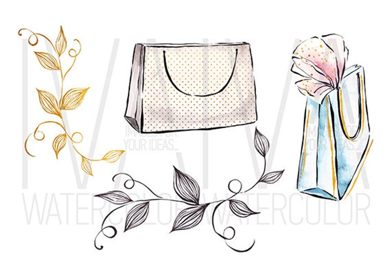 May include: A set of three watercolor illustrations featuring a gold leaf vine, a black and white leaf vine, and two gift bags. One gift bag is white with gold polka dots and the other is blue with gold accents.