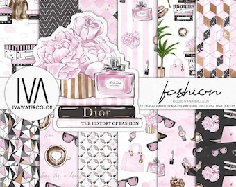 Papel digital del Día de la Moda, Accesorios Digitales de Moda, Yorkshire Terrier, Patrones sin costuras, Textura de moda