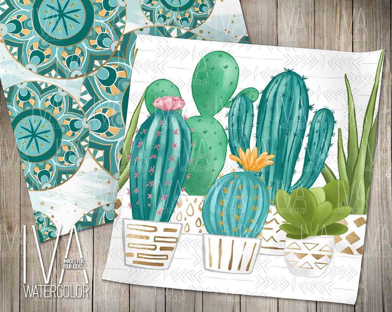 May include: Watercolor illustration of a group of cacti in pots with gold accents. The cacti are green and have a variety of shapes and sizes. The pots are white with gold stripes and geometric patterns. The background is a white and gold pattern.