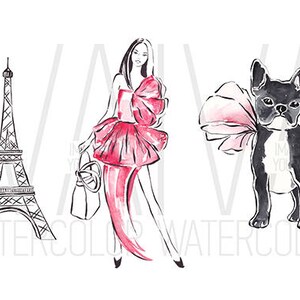 May include: A watercolor illustration of a woman in a pink dress, a black and white dog wearing a pink flower, and the Eiffel Tower. The woman is holding a purse and the dog is standing on all fours. The Eiffel Tower is in the background.