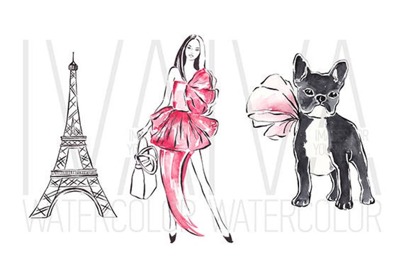 May include: A watercolor illustration of a woman in a pink dress, a black and white dog wearing a pink flower, and the Eiffel Tower. The woman is holding a purse and the dog is standing on all fours. The Eiffel Tower is in the background.