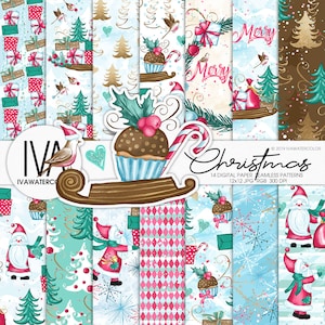 Patrón navideño sin costuras, Paquete de papel digital navideño, Patrón repetitivo, Alegría y diversión invernal, Ilustración de corona, Papá Noel a bordo