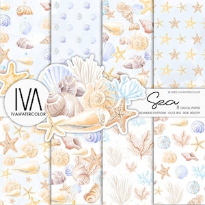 Papel digital de conchas submarinas, acuarelas, algas y estrellas de mar, patrones costeros sin costuras, acuarela dibujada a mano, aventura náutica, mundo oceánico
