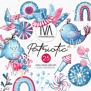 May include: A set of 25 watercolor illustrations featuring patriotic themes. The illustrations include a bluebird, a rainbow, fireworks, stars, and a hat. The illustrations are perfect for adding a touch of Americana to your crafts and projects.