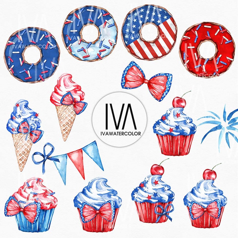 May include: Watercolor illustrations of various 4th of July themed treats, including cupcakes, ice cream cones, donuts, and a bow. The illustrations are in red, white, and blue with stars and sprinkles.