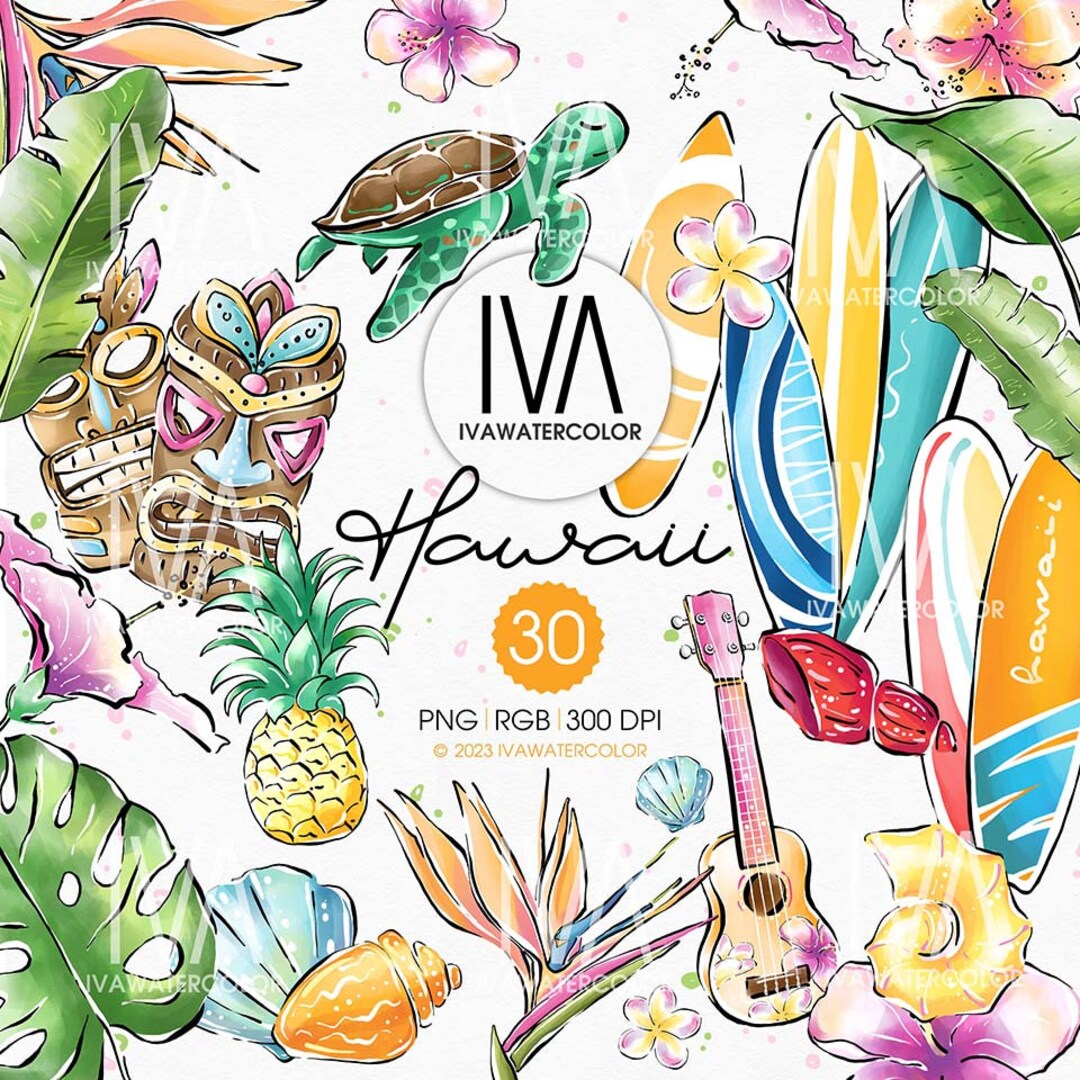 Summer Patterns, Aloha Hawaii Surfboard Clipart, Mask Clipart, Ukulele ...