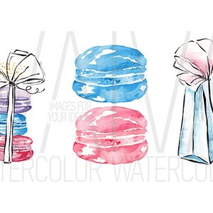 May include: Watercolor illustration of a stack of macarons with a pink bow, a single blue macaron, a single pink macaron, and a blue gift bag with a pink bow.