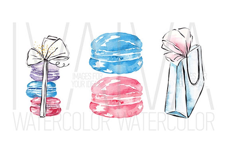 May include: Watercolor illustration of a stack of macarons with a pink bow, a single blue macaron, a single pink macaron, and a blue gift bag with a pink bow.