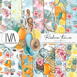 Sommer tropisches digitales Papier, exotische Zitrusfrüchte, Planer Scrapbook Papiere, Ananas Strand Muster, Sommer Nahtloser Hintergrund