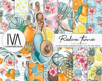 Summer Tropical digital paper pack, exotic citrus fruits, planner Scrapbook Papers, Pineapple Beach Patterns, Summer Seamless Background
